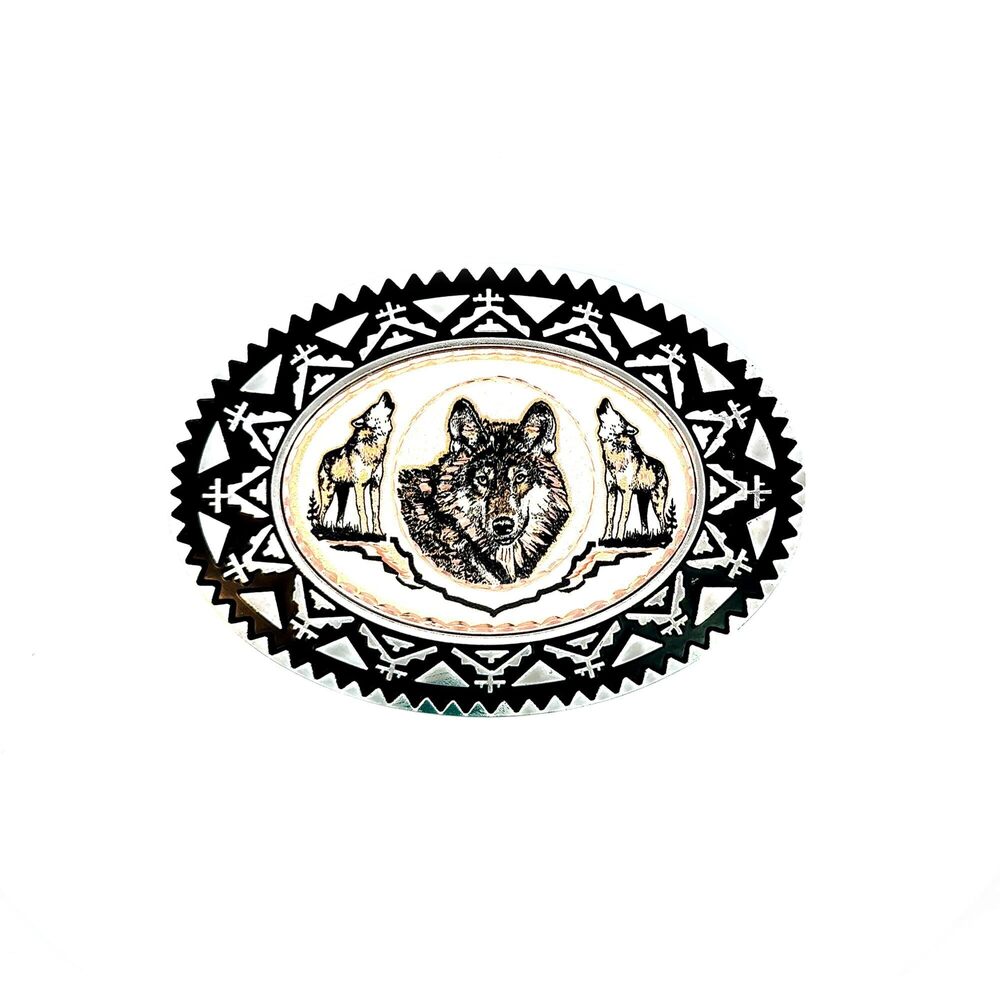 6182 Wolf Belt Buckle - Western Style Oval Shaped, Rodeo Buckle